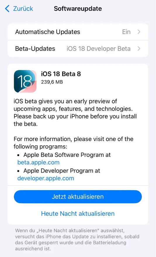 隰县苹果手机维修分享苹果 iOS / iPadOS 18 开发者预览版 Beta 8 发布 